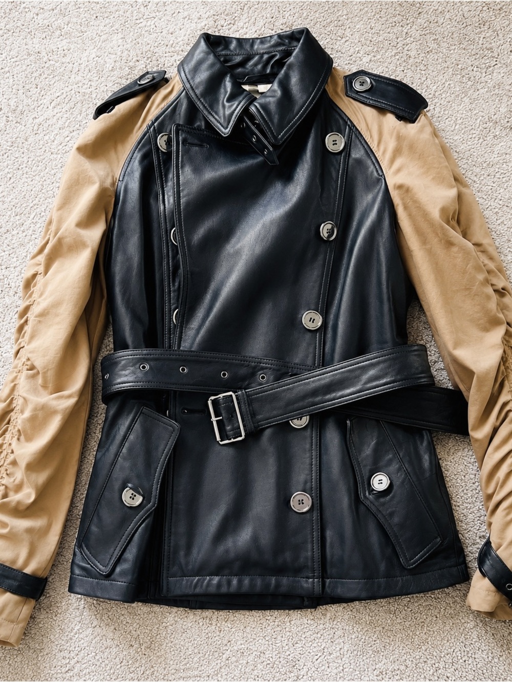 Burberry Brit 100%Lambskin Leather Belted Jacket Black & Beige Sleeve NWOT
